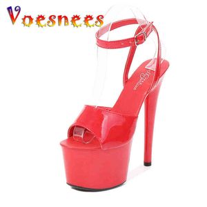 Voesnees 2021 Sexy Sandals Sandals Stripper High Heels Women Shoes 17 20 CM Platforma Pasek krzyżowy Kostki Gladiator Black Y0721