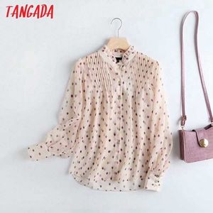 Tangada women pleated print chiffion shirt high quality blouse long sleeve chic female casual loose tops 4C32 210609
