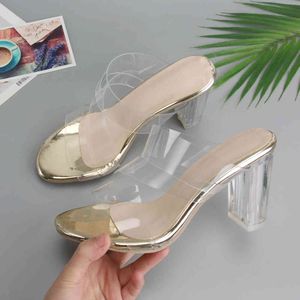 Kobiety Buty Lato Slajdy Przezroczyste Chunky High Heel Party Moda Otwarte Palec Pantofle Lady Sandals Gold Rozmiar 4-12 210517