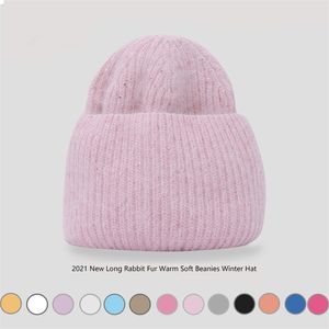 moda Autunno Inverno Cappello per capelli di coniglio Berretti caldi s Casual Donna Solido Berretto lavorato a maglia in cashmere per adulti 211119