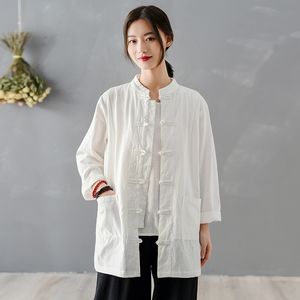 Johnature Frühling Vintage Frauen Shirts Baumwolle Leinen Blusen Chinesischen Stil Tops Stehen Langarm Knopf Taschen Shirts 210521