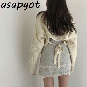 V Neck Twist Back Lace Up Sweater Long Sleeve Crop Sweater Women Pullovers Top High Waist Woolen Tassel Skirts Fall 2 Sets 210610