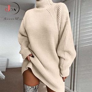 Women Turtleneck Oversized Knitted Dress Autumn Solid Long Sleeve Casual Elegant Mini Sweater Dress Plus Size Winter Clothes 211110