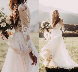 Bohemian 2021 Country Wedding Dresses With Sheer Long Sleeves Bateau Neck A Line Lace Applique Chiffon Boho Bridal Gowns Cheap Pplique