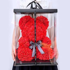 バレンタインデーギフト40 25 cm赤いローズテディベアバラの花の人工装飾クリスマスギフトバレンタインギフト210624