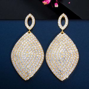 Luxury Long Drop Large Rhombus Leaf Cubic Zircon Wedding Engagement Party Indian Gold Örhängen för Kvinnor CZ654 210714