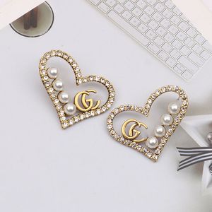 Vintage 18K Gold Plated Luxury Brand Designers Letters Stud Clip Chain Geometric Famous Women Heart Crystal Rhinestone Pearl Earring Wedding Party Jewerlry