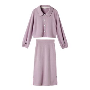 Women Set Turn Down Collar Two Pieces Knitted Skirt Midi Long Sleeve Violet T0388 210514