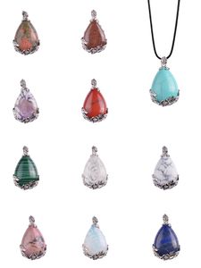 Natursten halsband Örhängen Nyckelkedjor Set Chakra Aura Healing Energy Crystal Water Drop Plum Blossom Carving Pendant