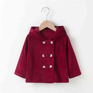 Arrivals Winter Children Casual Cotton Long Sleeve Double-Breasted Hooded Red Solid Cute Baby Girls Coat 0-2T 210629
