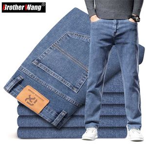 Höst Mäns Blå Straight-Leg Jeans Business Casual Bomull Stretch Denim Byxor Man Brand Plus Storlek 40 42 44 211124