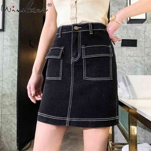 S-5XL Women Denim Buttoned Mini Skirt Plus Size BF Style Solid A-line Skirts Summer Casual Pockets Loose Ladies Faldas B04503B 210421