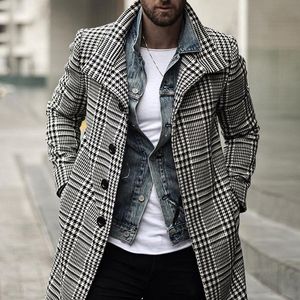 Mäns Trench Coats 2021 Coat Plaid Long-Length Lapel Collar Långärmad Varm Höst Vinter Överrock