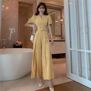 summer women's temperament high waist wide leg trousers lantern sleeve drape jumpsuit 210416