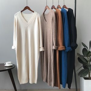 Kvinnors Casual Solid Färg Base Fashion Dresses Kvinna V-Neck Pullover Lazy Wind Sweater Medium Long Strikked Dress 210520