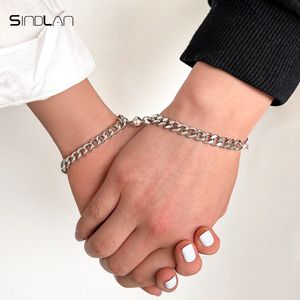 Sindlan 2Pcs Punk Silver Color Chain Couple Bracelet for Women Stainless Steel Romantic Magnet Men Paired Things Fashion Jewelry