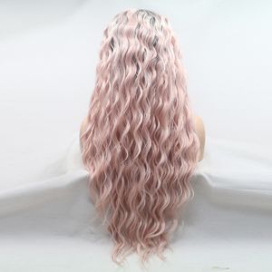 2021 nowa europejska i amerykańska moda chemiczna włókna frontowa koronka długie kręcone afrykańskie czarne koronki długie włosy peruka dzienna rozrywka różowy peruka ustaw temp