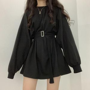 Casual Dresses SXGOTH Alt Long Sleeve Emo Mini Dress Autumn Belt Fairy Grunge Dark Academia Mall Goth Cyber Party Aesthetic Punk Clothes Fem