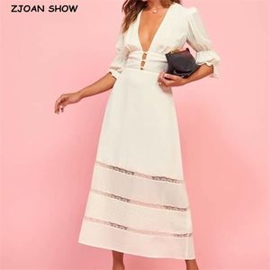 Vintage France Style Spliced Hollow Out Lace Women Midi Dress Elegant Buttons Deep V neck Half Sleeve Long 210429