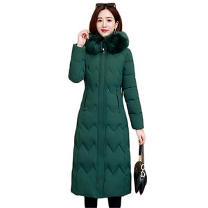 Winter Coat Women Long Green L-5XL Plus Storlek Fur Collar Hooded Cotton Jacket Korean Fashion Red Slim Warmth Parka LR925 210531