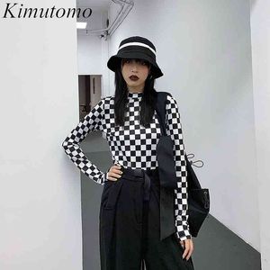 Kimutomo Plaid Half Turtleneck T-shirt Kvinnor Korea Chic Fashion Spring Autumn Ladies Slim Waist Långärmad Toppar Streetwear 210521