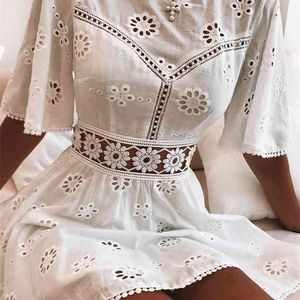 Aproms Elegant White Floral Embroidery Cotton Dress Women Casual High Fashion Backless Short Mni Dresses High Waist Autumn Dress 210329