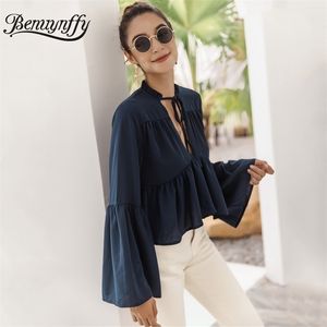 Tie Neck Streetwear Sexy Top Women Autumn Fashion OL Pleated Shirts Deep V-Neck Long Sleeve Ladies Blouses Tops 210510