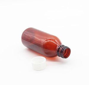 2021 Bottiglie in PET a prova di perdite color ambra da 200 ml, contenitore vuoto, bottiglie di plastica liquida - Tappi di sicurezza a vite di colore bianco
