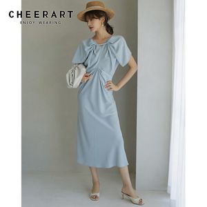 Nordic Blue Long Midi Ruched Dress V Neck Straight Senhoras Modesting Designer Mulheres Casual Europeu Roupas 210427