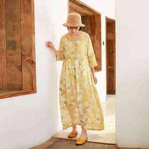 Johnature Print Women Dress Spring Summer Vintage Women Clothes V-neck Loose Leisure Concise Linen Ladies Dresses 210521