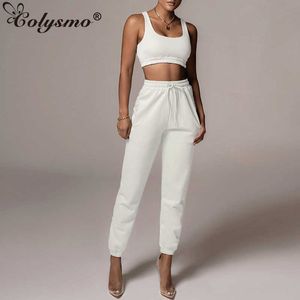 Colysmo Tracksuit Women Ruched Sleeveless Crop Tops Drawstring Tie up High Waist Sweatpants Stretch 2 Piece Joggers Set 210527