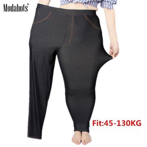 Plus Size Kobiety Legginsy 5xl Faux Denim Jeans Jeggings Legging Duży Czarny Stretch Skinny Ołówek Spodnie Spodnie Spring 211204