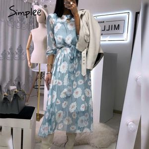 Casual Flare Rękaw Panie Office High Waist Belt Midi Dress Elegant Floral Printed Cambridge Blue Dresses 210414