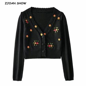 Retro Blumenstickerei gestrickte Strickjacke Vintage Holzohren abgeschnitten Pullover Punk Pull Korea Kleidung Frauen stricken Strickjacke 210429