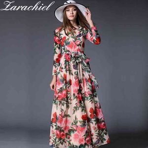 Woman Chiffon Rose Floral Overlay Print Longue Female Sashes Autumn Vintage Long Sleeve Pleated Dress 210416