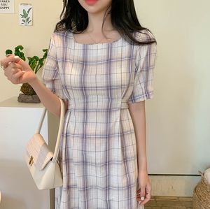 S-XL Plus Size Summer Girls Party Kobiet Vintage Dress Plaid Krótki Rękaw Kobiety Sukienki Purple Oversize Robe Vestido 210417