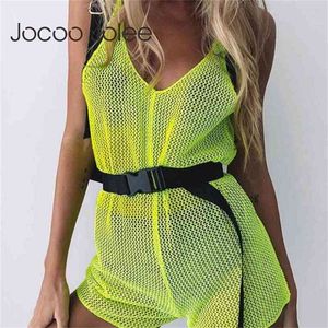 Jocoo Jolee Sexig perspektiv Hollow Out Mesh Jumpsuits Casual ärmlös fluorescerande grönt lek med Belt Elegant Rompers 210619