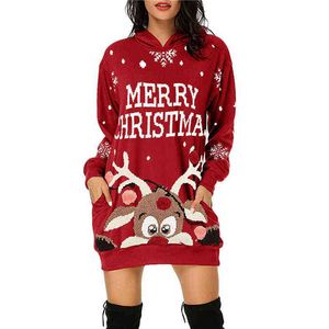 Christmas Style Sweatshirts Dress Pocket Hoodies Women Tops Pullover Cartoon Funny Sweatshirts For Lady Casual Pullover Autumn Y1118