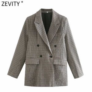 Zevity Women Vintage Plaid Print Double Breasted Blazer Coat Office Långärmad Outwear Passar Höst Affärstoppar CT619 210603