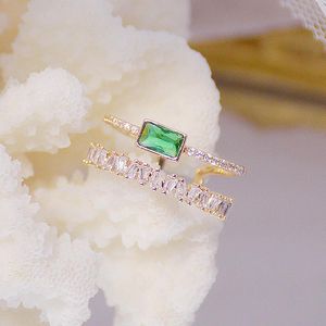 Cluster Anéis Bohemia Verde Esmeralda Cristal Anel Feminino Dupla Camada Transparente Zircônia Elegante Bijoux Noivado Dedo Jóia Presente de Natal