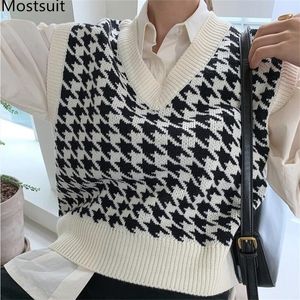 빈티지 houndstooth 니트 스웨터 조끼 여성 민소매 V 넥 탑스 한국 패션 숙녀 풀오버 가을 210514