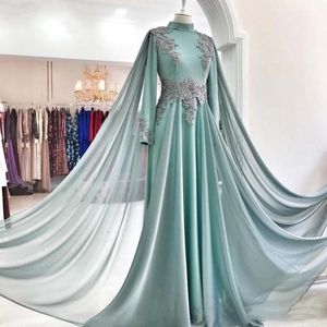 Muslimska Långärmade Formella Aftonklänningar med Wrap High Neck Lace Appliques Golvlängd Arabien Marocko Kaftan Prom Kappor Cape Ribbons Morklänning