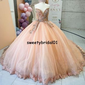 Vestidos de Quinceaneraプリンセスボールガウンウエディングドレスブラッシュピンク恋人2022アップリケビーズ真珠パーティードレス