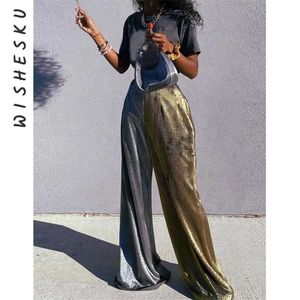 Sexy Color Blocking Hose mit weitem Bein für Damen, zweifarbig, hohe Taille, Goldprägung, Drapierungseffekt, lockere Hose, Herbst-Party-Kostüm 211115