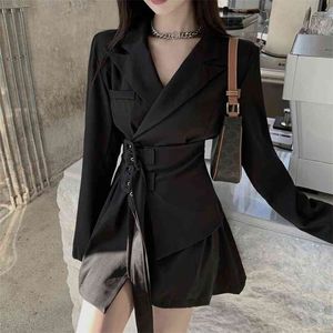 Autumn Winter Korean Style Elegant Long Sleeve Lace-up Suit Dress Women OL Work Wear Business Mini Robe Femme Vestidos 210514