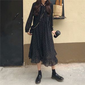 Harajuku Dress Birthday Long Women Korean style Loose Chiffon Ruffle Dot Printed Sleeve 730G 210420