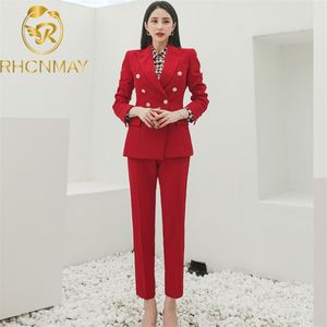 Moda Office Lady Spodnie Garnitury Czerwony 2 Sztuka Zestaw Dla Kobiet Podwójne Breasted Blazer Ołówek Spodnie Koreański Biznes Jesień 210506