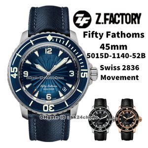 ZF Factory Watches 5015D-1140-52B Fifty Fathoms 45mm Steel ETA 2836 Autoamtic Mens Watch Sapphire Bezel Bllue Dial Canvas Strap Sports Gents Wristwatches