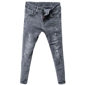 Jeans Masculinos Verão 2021 Trendy Lavado Rasgado Ankle Comprimento Calças Calças Coreanas Estilo Coreano Slim-Fit Teenagers Denim