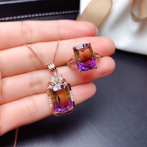 S925 silver Ametrine gem pendant ring natural crystal set luxurious fashion Lovely square woman party jewelry